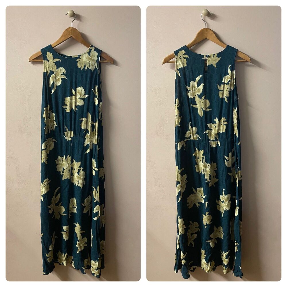 Vintage Caroline Wells Collection Dark Green & Beige Floral Maxi Dress Sz 8 EUC